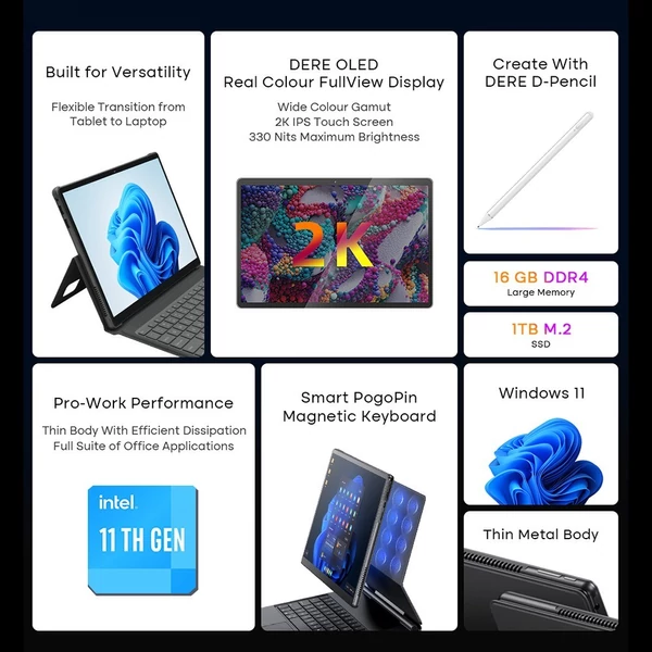 DERE T30 Pro Tablet Laptop 13 hüvelykes 2K IPS érintőképernyő D-ceruzával, Windows 11, 16 GB RAM - Zöld, 512 GB SSD