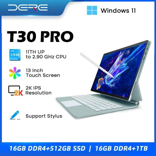 DERE T30 Pro Tablet Laptop 13 hüvelykes 2K IPS érintőképernyő D-ceruzával, Windows 11, 16 GB RAM - Zöld, 1 TB SSD