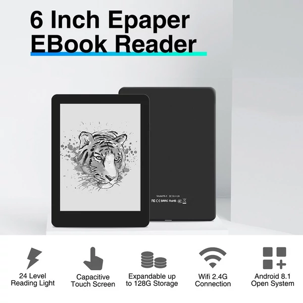 E-book olvasó 6 hüvelykes 1 GB+32 GB Android 8.1 Wifi és BT csatlakozás, állítható képernyő fényerő, C típusú port