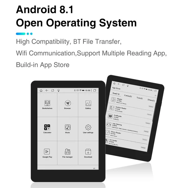 E-book olvasó 6 hüvelykes 1 GB+32 GB Android 8.1 Wifi és BT csatlakozás, állítható képernyő fényerő, C típusú port