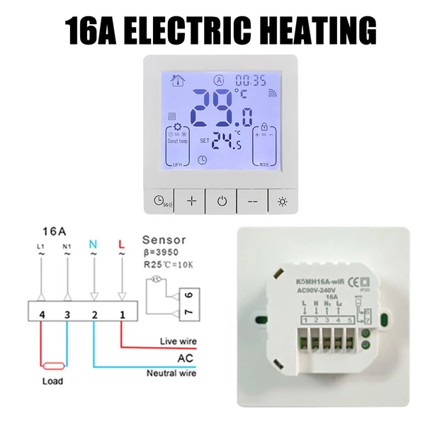 Intelligens termosztát WiFi Tuya App programozható hőmérséklet-szabályozáshoz - 16A elektromos padlófűtéshez