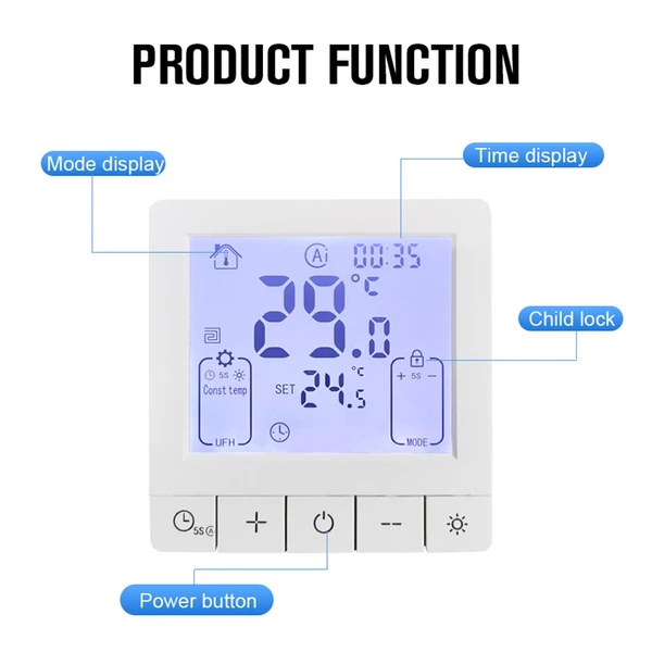 Intelligens termosztát programozható hőmérséklet-szabályozáshoz IP20 védelem 24 órás időzített be/ki  - 3A víz- és padló melegítéshez