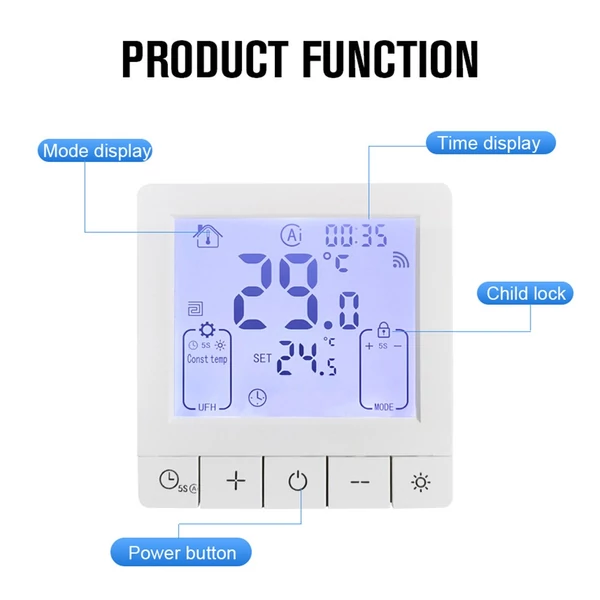 Intelligens termosztát programozható hőmérséklet-szabályozáshoz IP20 védelem 24 órás időzített be/ki - 3A víz- és padló melegítés