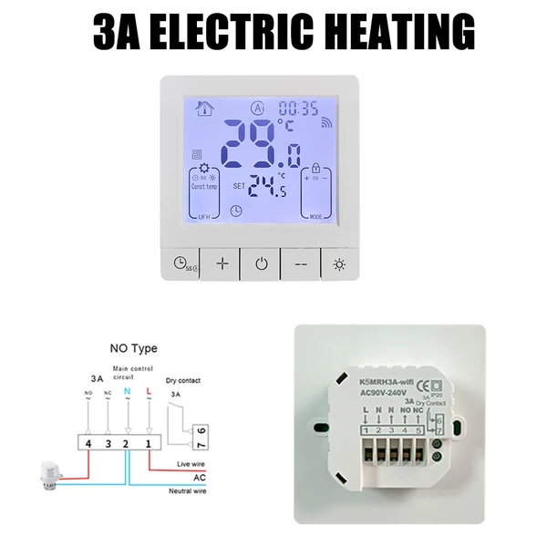 Intelligens termosztát programozható hőmérséklet-szabályozáshoz IP20 védelem 24 órás időzített be/ki - 3A víz- és padló melegítés