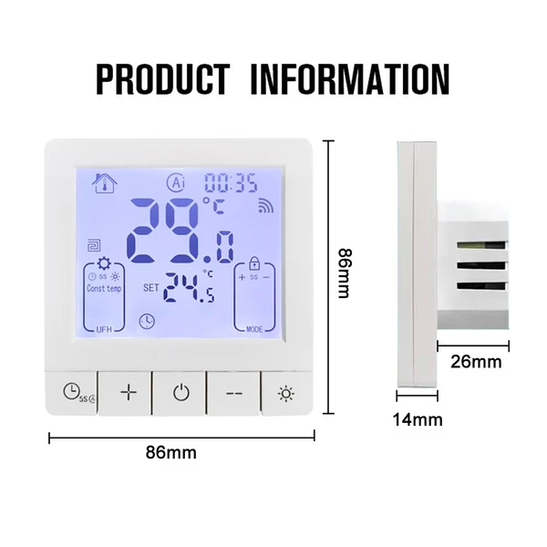 Intelligens termosztát programozható hőmérséklet-szabályozáshoz IP20 védelem 24 órás időzített be/ki - 3A víz- és padló melegítés