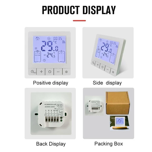 Intelligens termosztát programozható hőmérséklet-szabályozáshoz IP20 védelem 24 órás időzített be/ki - 3A víz- és padló melegítés