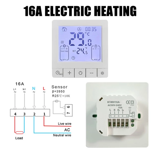 Intelligens termosztát WiFi Tuya App programozható hőmérséklet-szabályozáshoz - 16A elektromos padlófűtéshez