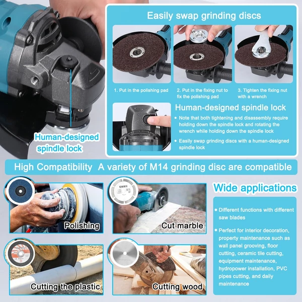21V 125mm M14 elektromos sarokcsiszoló szerszám Többfunkciós lítium vágógép vágáshoz, polírozáshoz, kerámia, csempe, fa, kő, acél - 2 akkumulátor
