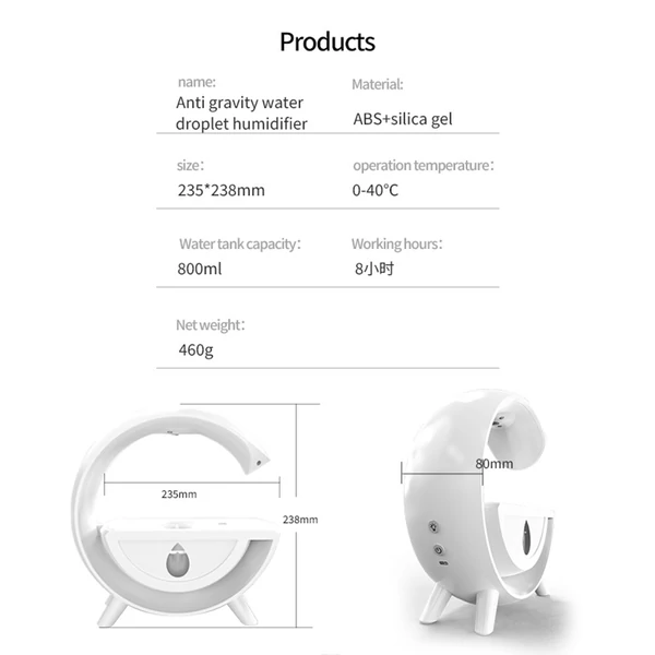 T00K8 párásító anti-gravitációs kivitel Cool Mist párásító integrált kapcsoló 350 ml űrtartalom