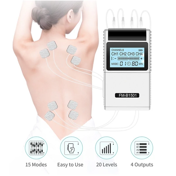 TENS EMS izomstimulátor 15 üzemmóddal és 4 kimenettel, 8 párna természetes fájdalomcsillapító elektromos impulzussal