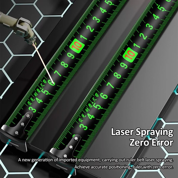 Nagy pontosságú mérőszalag, fluoreszkáló színes kétoldalas vonalzó átlátszó burkolatú, fém tengelyskálával, zuhanás- és kopásálló - 3m x 19mm