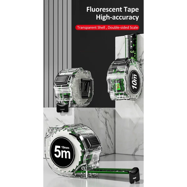Nagy pontosságú mérőszalag, fluoreszkáló színes kétoldalas vonalzó átlátszó burkolatú, fém tengelyskálával, zuhanás- és kopásálló - 5m x 19mm