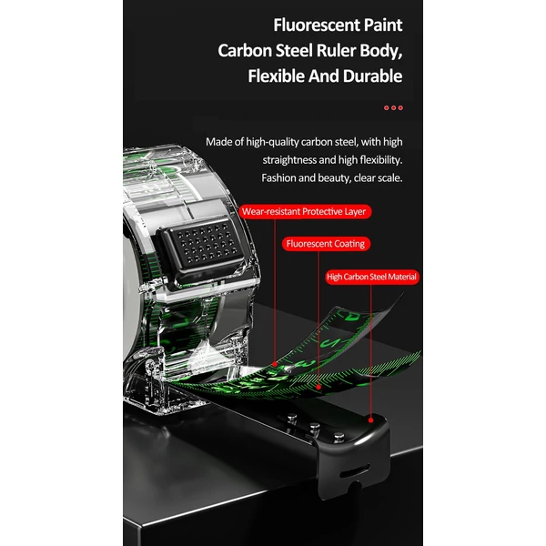Nagy pontosságú mérőszalag, fluoreszkáló színes kétoldalas vonalzó átlátszó burkolatú, fém tengelyskálával, zuhanás- és kopásálló - 5m x 19mm