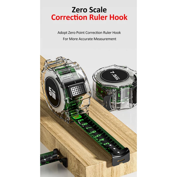 Nagy pontosságú mérőszalag, fluoreszkáló színes kétoldalas vonalzó átlátszó burkolatú, fém tengelyskálával, zuhanás- és kopásálló - 5m x 19mm