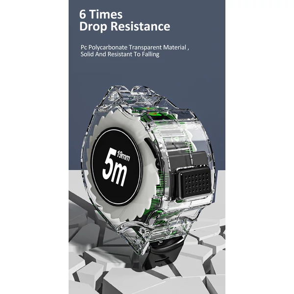 Nagy pontosságú mérőszalag, fluoreszkáló színes kétoldalas vonalzó átlátszó burkolatú, fém tengelyskálával, zuhanás- és kopásálló - 5m x 19mm