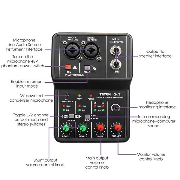 Q12 Audio Interface Professzionális rögzítő hangkártya