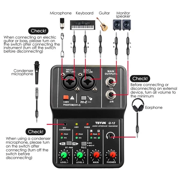 Q12 Audio Interface Professzionális rögzítő hangkártya