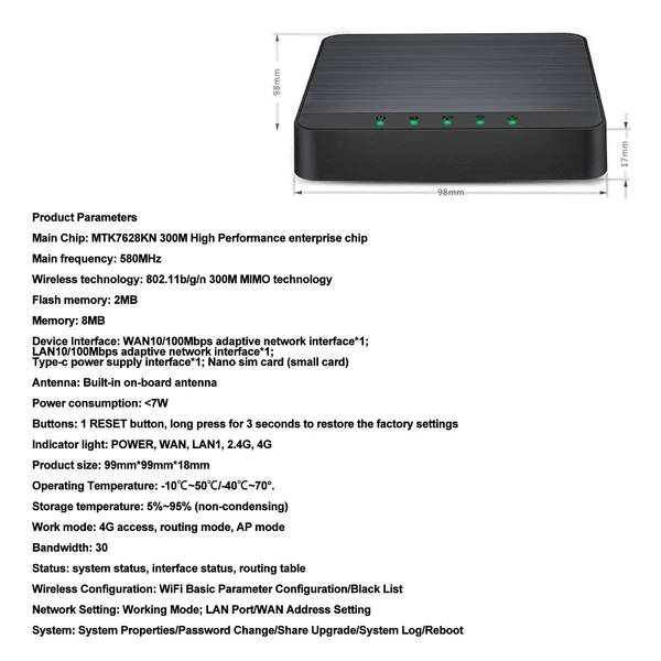 4G LTE internetes útválasztó SIM-nyílással a mobil hotspot modem feloldásához WiFi TypeC port 300Mbps vezeték nélküli LAN