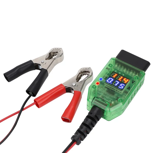 Gépjárműakkumulátor tesztelő Dupla digitális feszültségáram OBD csatlakozó LED jelző magas szigetelésű ECU adatvédelem (12V)