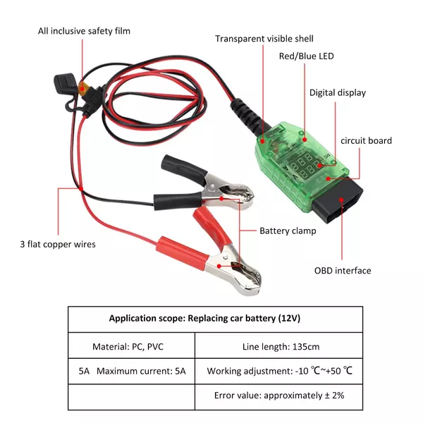 Gépjárműakkumulátor tesztelő Dupla digitális feszültségáram OBD csatlakozó LED jelző magas szigetelésű ECU adatvédelem (12V)