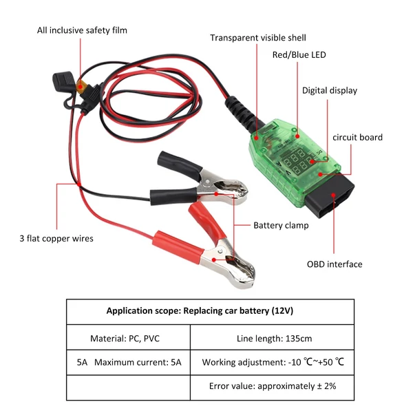 Gépjárműakkumulátor tesztelő Dupla digitális feszültségáram OBD csatlakozó LED jelző magas szigetelésű ECU adatvédelem (12V)