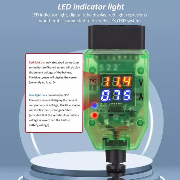 Gépjárműakkumulátor tesztelő Dupla digitális feszültségáram OBD csatlakozó LED jelző magas szigetelésű ECU adatvédelem (12V)