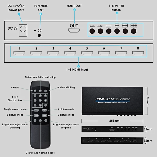 8x1 HDMI 4K Quad több nézős képernyőelválasztó 8 képernyőelosztó zökkenőmentes kapcsolással