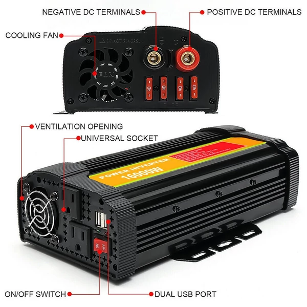 Szinuszos teljesítmény inverter csúcsteljesítmény 1500 W DC 12V AC 110V kettős USB porttal, kettős kollekciós ventilátor