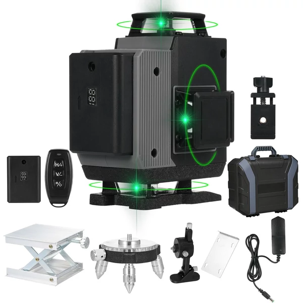 Zöld 4D Green Cross Line Professional építkezéshez Két 360°-os függőleges és két 360°-os vízszintes lézerszintező távirányítóval - 16 vonal