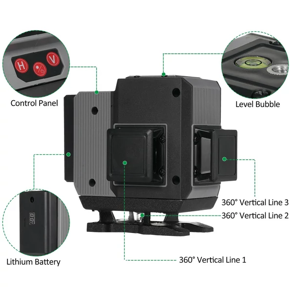 Zöld 4D Green Cross Line Professional építkezéshez Két 360°-os függőleges és két 360°-os vízszintes lézerszintező távirányítóval - 12 vonal