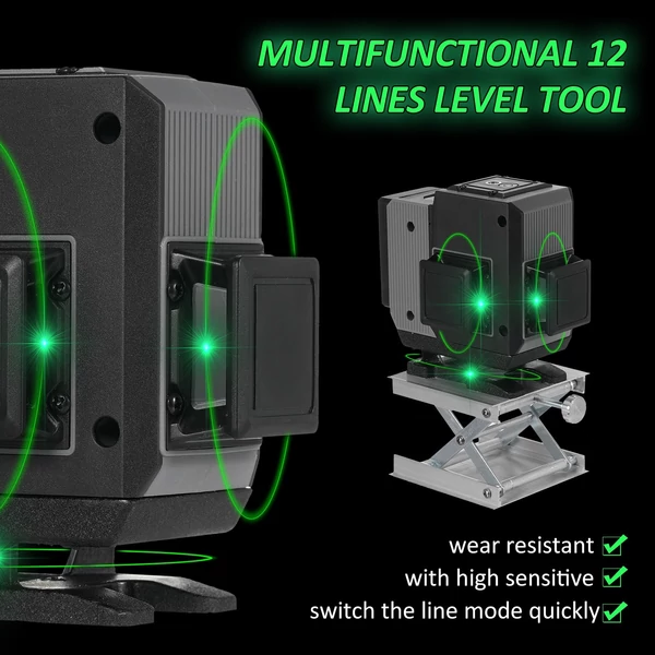 Zöld 4D Green Cross Line Professional építkezéshez Két 360°-os függőleges és két 360°-os vízszintes lézerszintező távirányítóval - 12 vonal