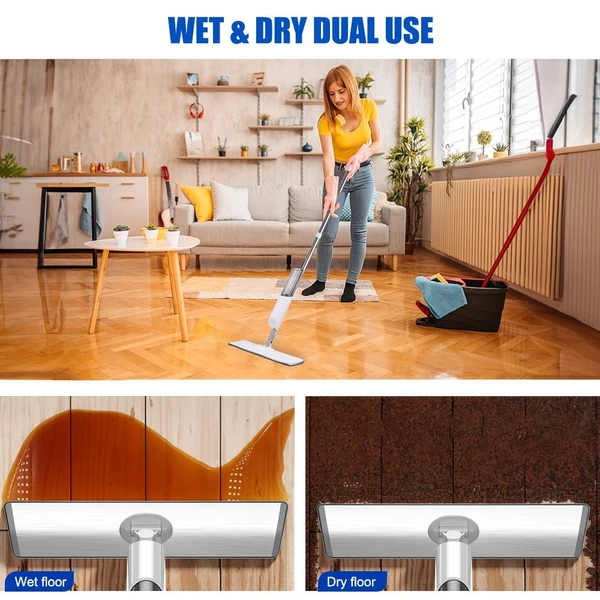 Spray Mop padlótisztításhoz 360 fokos centrifugálás nedves száraz porfelmosó 270 ml-es újratölthető vizes palackkal 2 mosható párna 1 súroló permetező mikroszálas keményfához, csempéhez, padlóhoz - Stílus 1