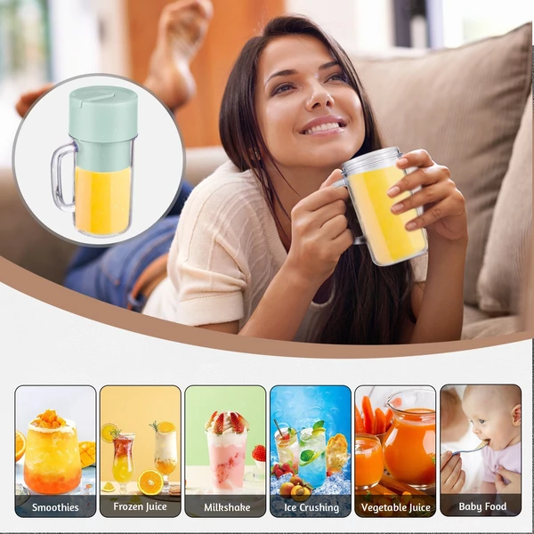 Hordozható turmixgép shake-ekhez és turmixokhoz 340 ml fogantyúval, 6 pengével, vízálló USB Type-C újratölthető - Kék