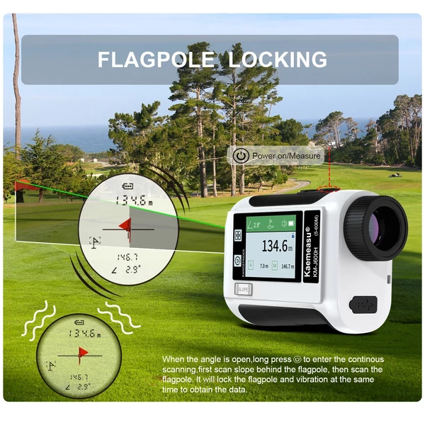 Golf távolságmérő LCD érintőképernyővel, 6,5-szeres nagyítású USB, újratölthető hangszóróval, lejtős funkcióval, zászlórúd-reteszeléssel - Fehér, 1200 m