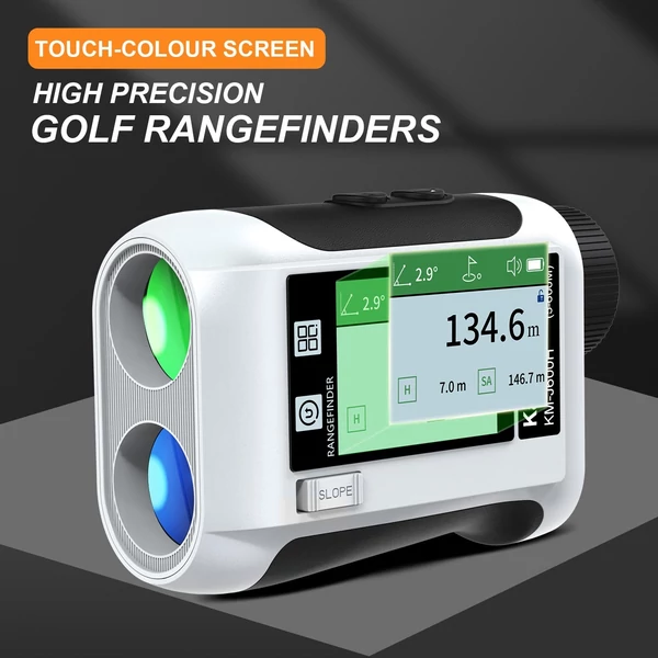 Golf távolságmérő LCD érintőképernyővel, 6,5-szeres nagyítású USB, újratölthető hangszóróval, lejtős funkcióval, zászlórúd-reteszeléssel - Fehér, 1200 m