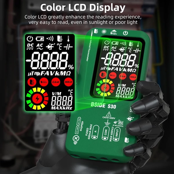 BSIDE 4 az 1-ben digitális multiméter infravörös hőmérő elektromos teszttoll áramkör elemző érzékelő 3,5 hüvelykes LCD színes kijelző - Zöld