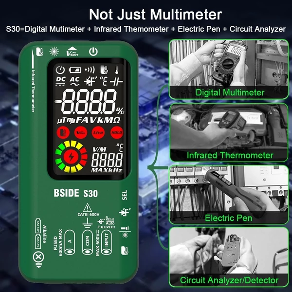 BSIDE 4 az 1-ben digitális multiméter infravörös hőmérő elektromos teszttoll áramkör elemző érzékelő 3,5 hüvelykes LCD színes kijelző - Zöld