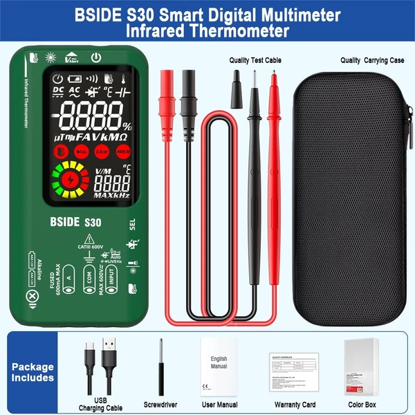 BSIDE 4 az 1-ben digitális multiméter infravörös hőmérő elektromos teszttoll áramkör elemző érzékelő 3,5 hüvelykes LCD színes kijelző - Zöld