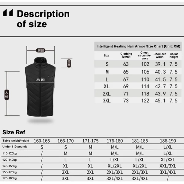 Szénszálas elektromos fűtött férfi mellény állógallérral, négy fűtési zónával, állandó hőmérséklettel - 3XL méret