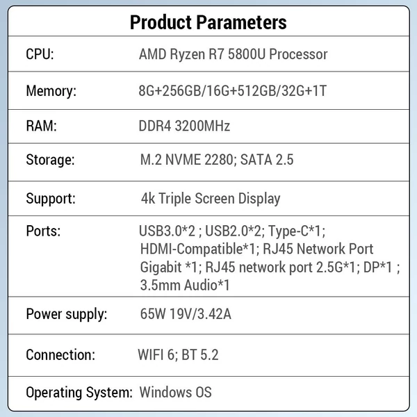Mini PC Windows AMD Ryzen R7 5800U processzor 8 magos WIFI6 BT5.2 4k háromképernyős kijelző - 8 GB RAM 256 GB SSD