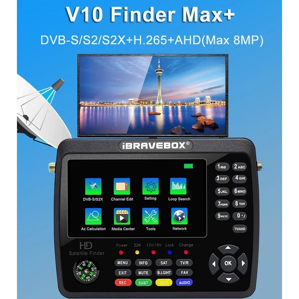 iBRAVEBOX V10 Finder Max+ HD műholdas TV jelkereső DVB-S/S2/S2X digitális kézi jelmérő műholdkereső H.265 4,3 hüvelykes LCD
