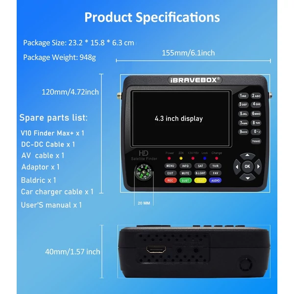 iBRAVEBOX V10 Finder Max+ HD műholdas TV jelkereső DVB-S/S2/S2X digitális kézi jelmérő műholdkereső H.265 4,3 hüvelykes LCD