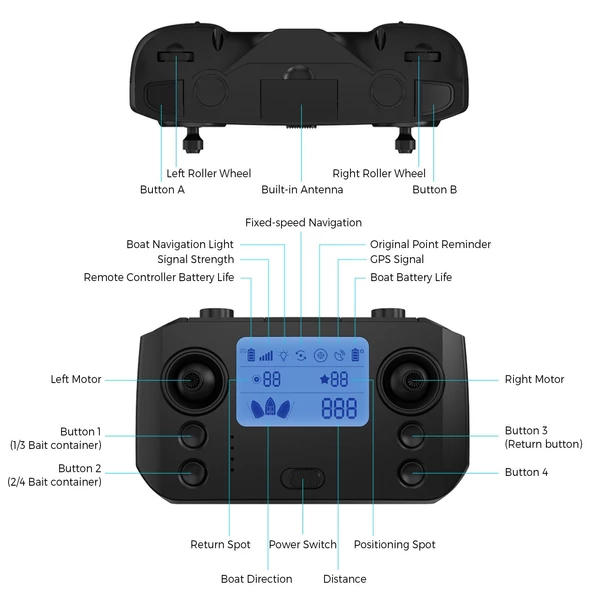 GPS RC horgász etetőcsónak színes fényű 4 csalitartóval 500M távirányító 12000mAh akkumulátor 1,75 kg terhelés