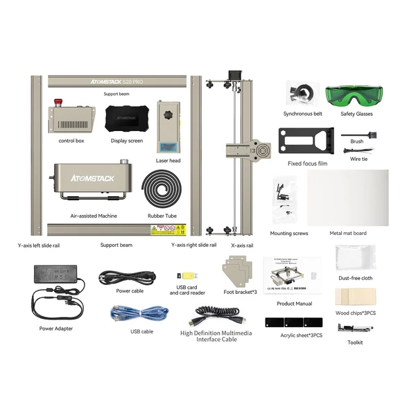ATOMSTACK S20 Pro 20W lézergravírozó vágógép 400x400mm-es méhsejt munkaasztallal és levegősegéd kiegészítővel