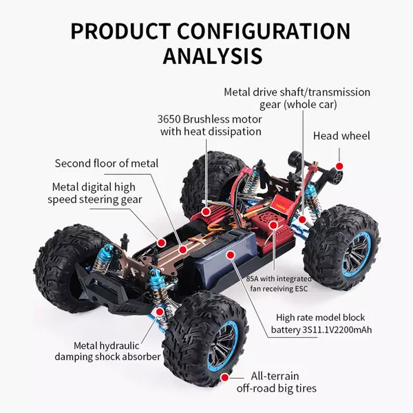 F21A 1/10 2.4GHz 75km/h Távirányító 4WD fémvázas terepautó - Fekete, 1 akkumulátor