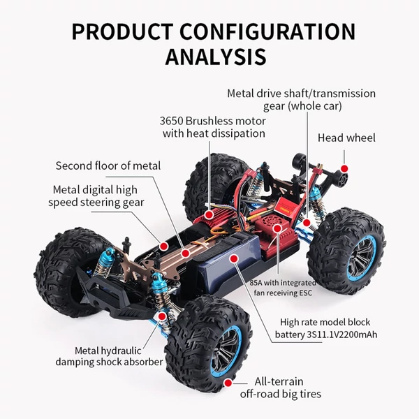 F21A 1/10 2.4GHz 75km/h Távirányító 4WD fémvázas terepautó - Fekete, 3 akkumulátor