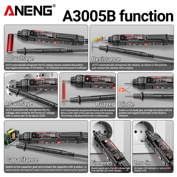 ANENG A3005A/B digitális intelligens professzionális multiméter érzékelő toll fázissorrend-vizsgáló AC feszültségmérő érintés nélküli feszültségmérő elektromos szerszám - Típus 3