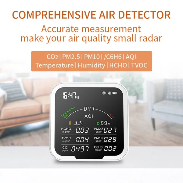 Hordozható levegőminőség-mérő 4,8 hüvelykes, nagy képernyős szén-dioxid-érzékelő HCHO/TVOC/CO2/PM2.5/PM10/AQI/C6H6 hőmérséklet- és páratartalom-mérő