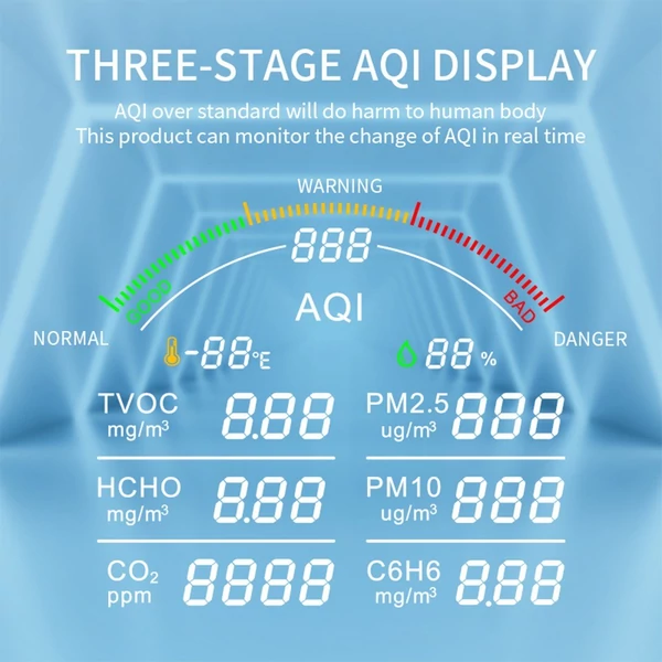 Hordozható levegőminőség-mérő 4,8 hüvelykes, nagy képernyős szén-dioxid-érzékelő HCHO/TVOC/CO2/PM2.5/PM10/AQI/C6H6 hőmérséklet- és páratartalom-mérő