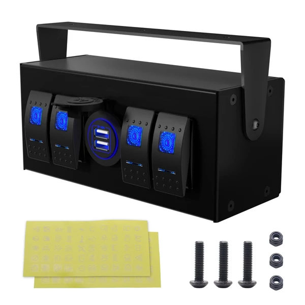 4 Gang Rocker billenőkapcsoló doboz 4 irányú USB gyorstöltő kék fény kapcsoló Kettős USB 4.8A 12/24V univerzális többfunkciós szerelődoboz lakókocsi kamion utánfutó jachthoz